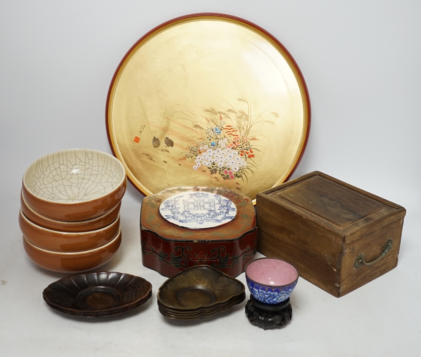 A quantity of Chinese items including a Canton enamel cup, set of four crackle glazed bowls and a gilt tray decorated with flowers and quails, largest 30cm diameter. Condition - fair